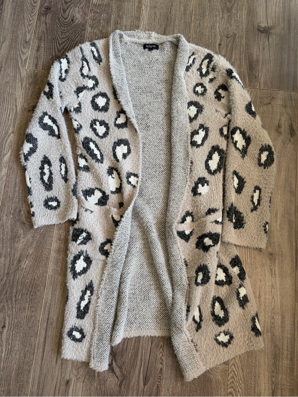 3/$30 Grey Leopard Print Open-Front Cardigan with pockets. Fuzzy and soft